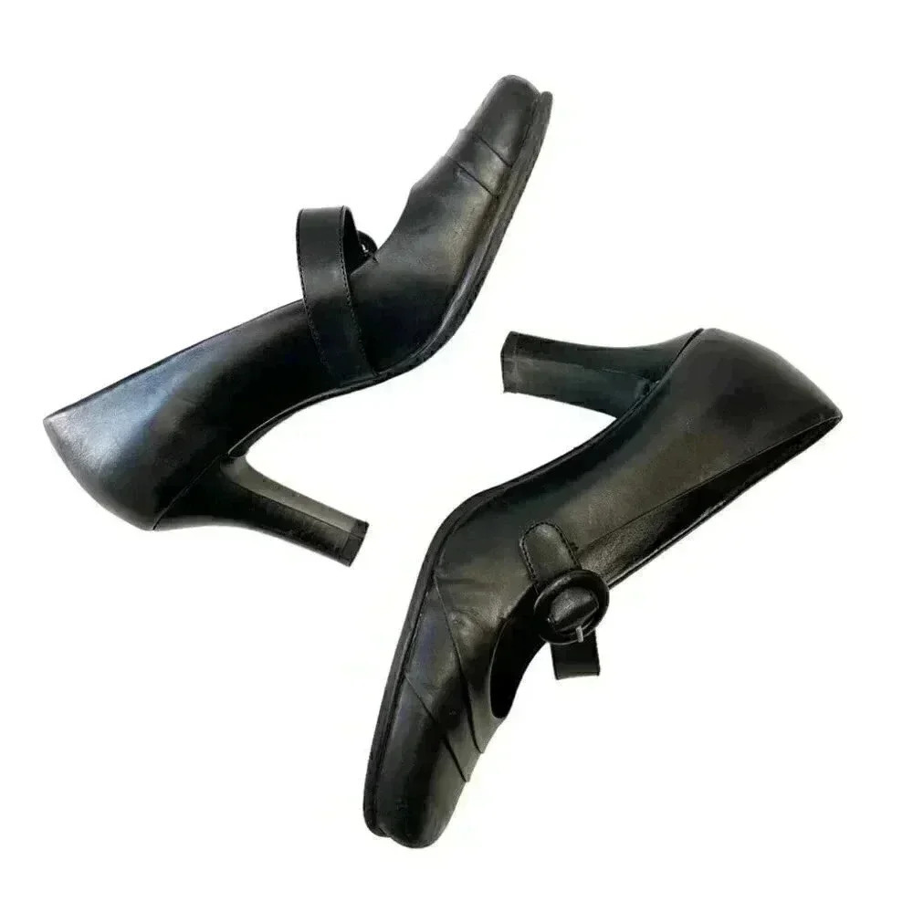 Vintage Spring High Heel Mary Jane Pumps Genuine Leather Black Size 7.5 EU 38 - Picture 14 of 15